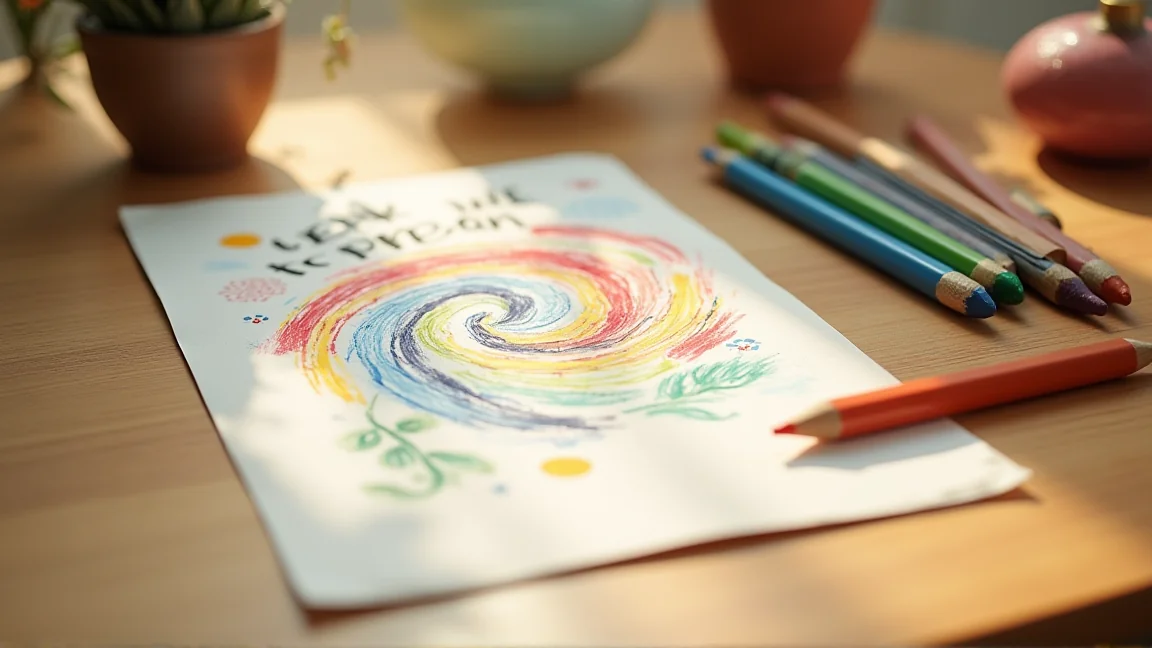 子どもが描いた似顔絵カードと色鉛筆