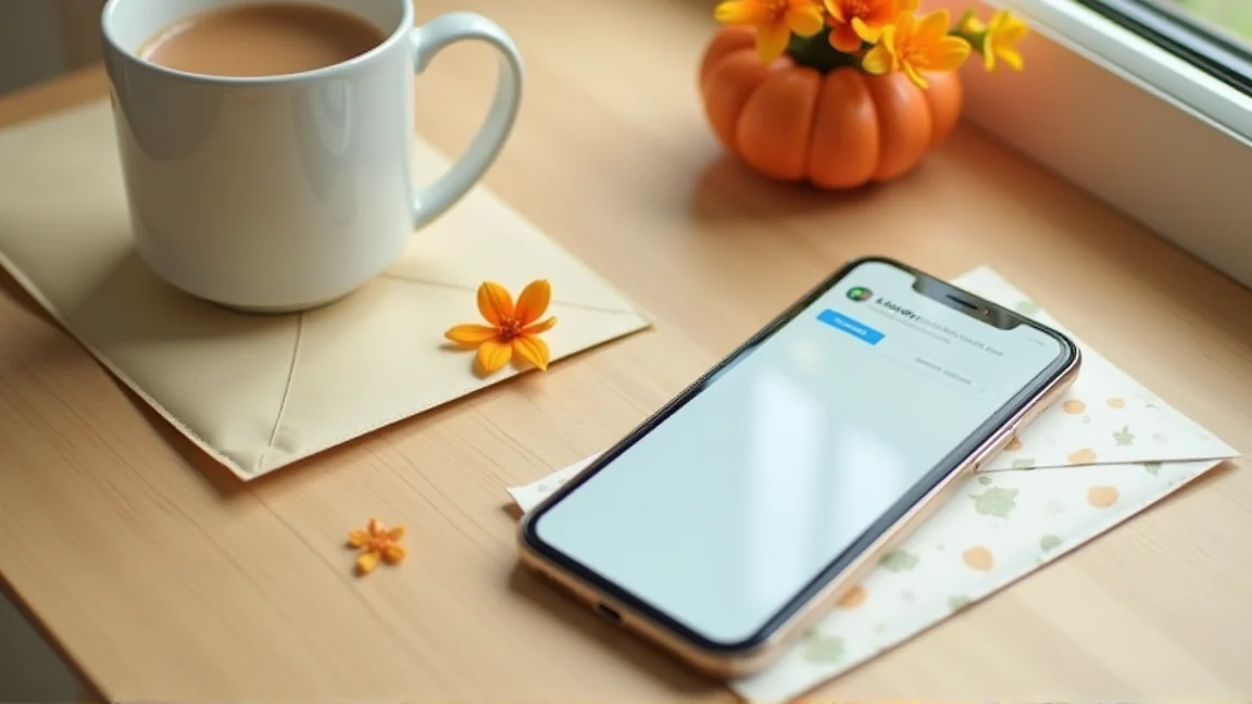 スマートフォンのメッセージ画面と封筒、秋の花