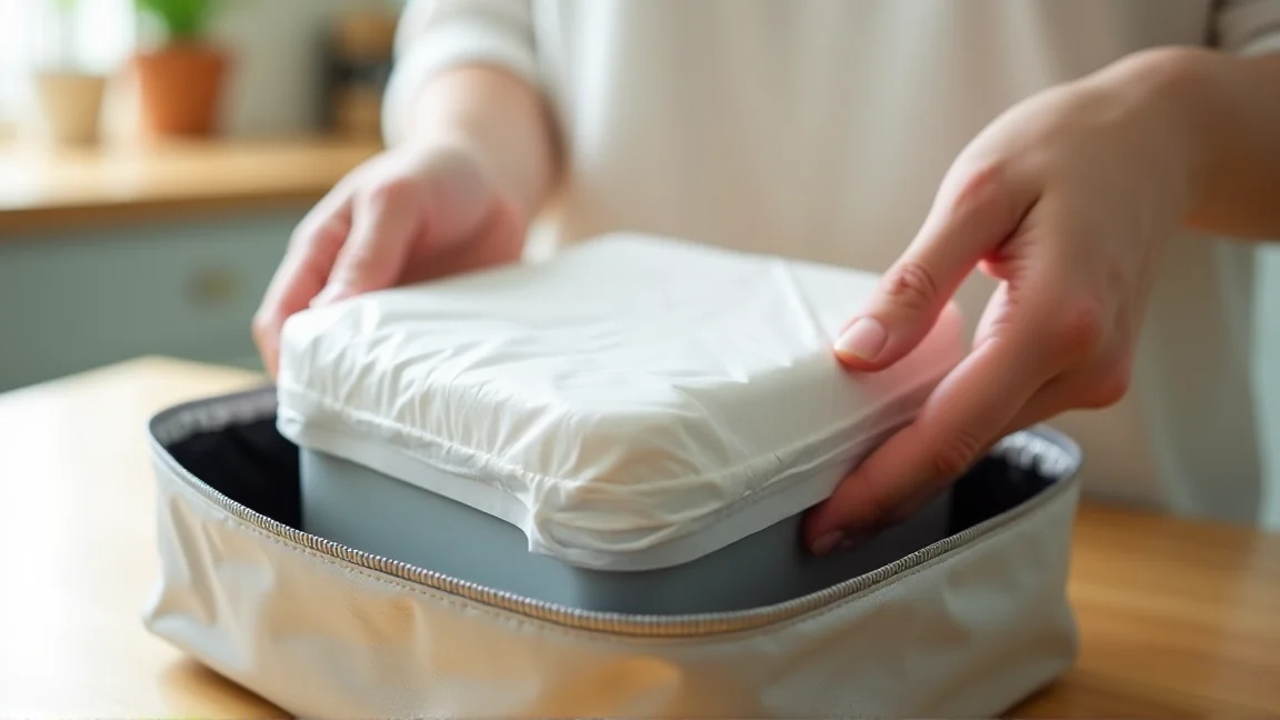 弁当箱の上に保冷剤を乗せて保冷バッグに入れる手元