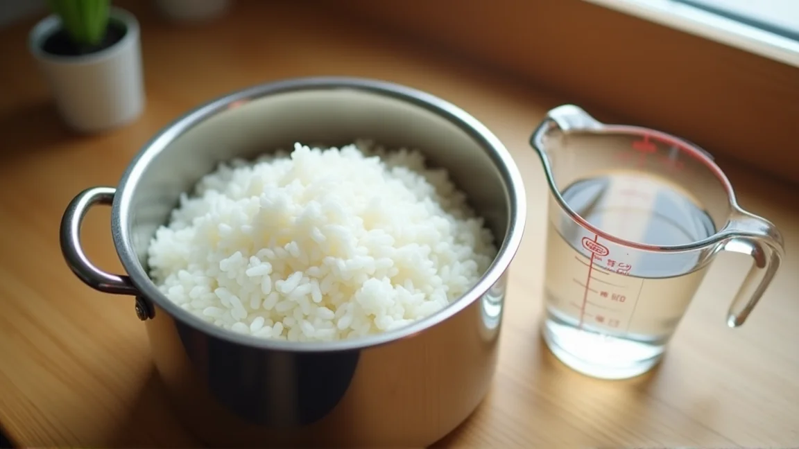 計量カップと新米、炊飯器の内釜を並べたキッチンの様子