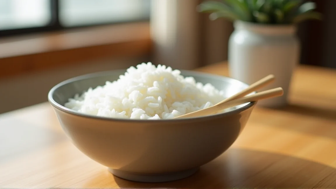 茶碗によそった炊きたてのごはんと箸を置いた食卓