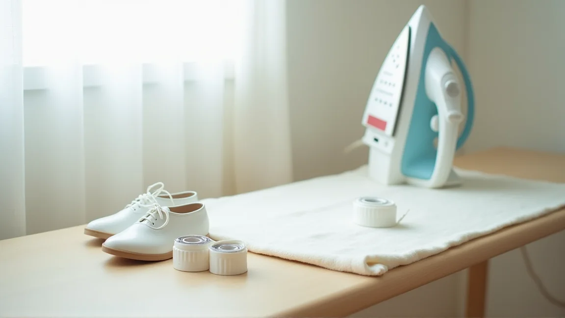 上履きに貼る名前テープとアイロンを用意した様子