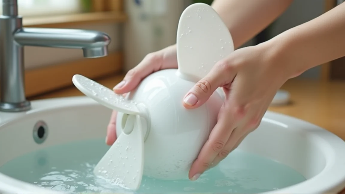 外した扇風機の羽根とカバーを洗剤で洗う手元