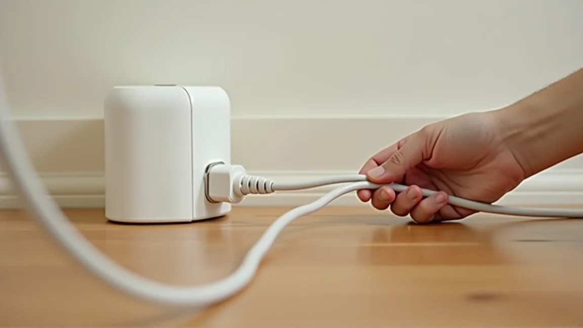 扇風機の電源プラグとコードを点検する手元