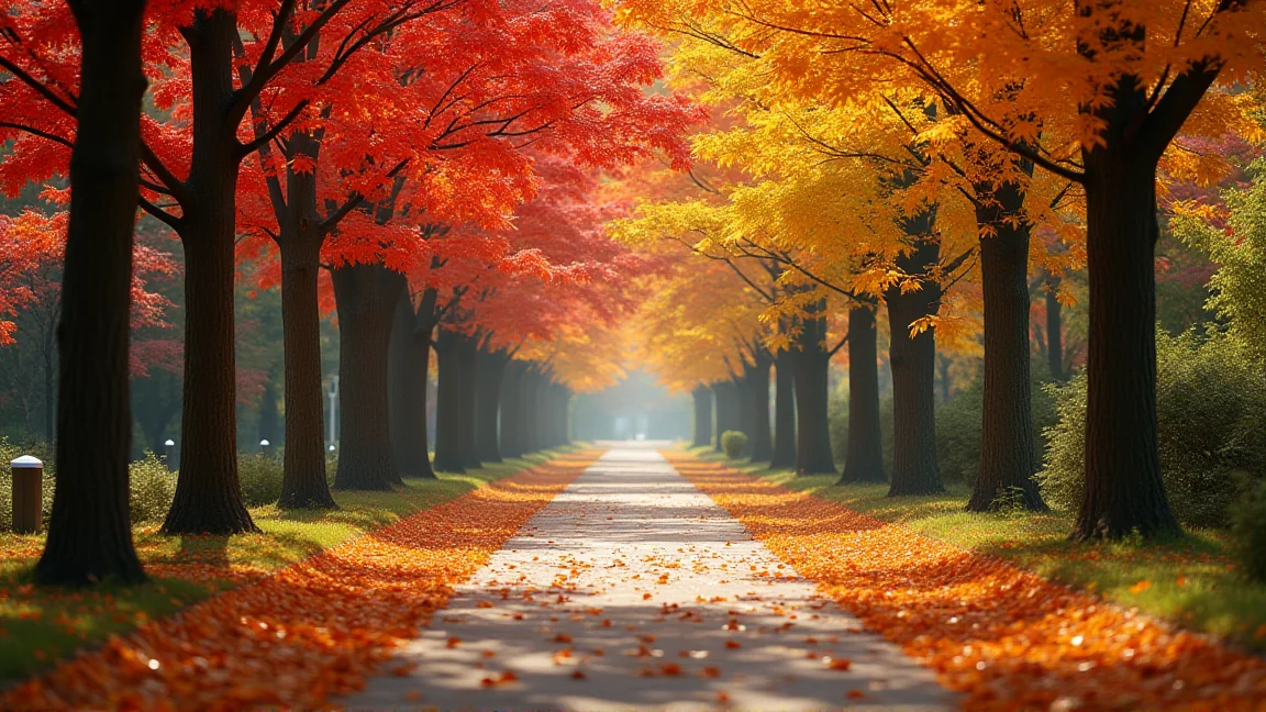 紅葉の遊歩道と落ち葉の広がる公園