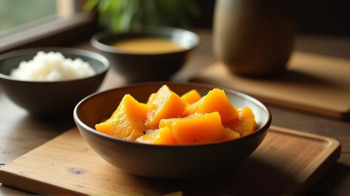 かぼちゃの煮物を器に盛った家庭の食卓