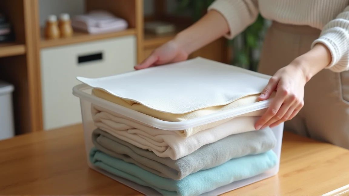 衣装ケースにたたんだ夏服と防虫剤を並べて収納する手元