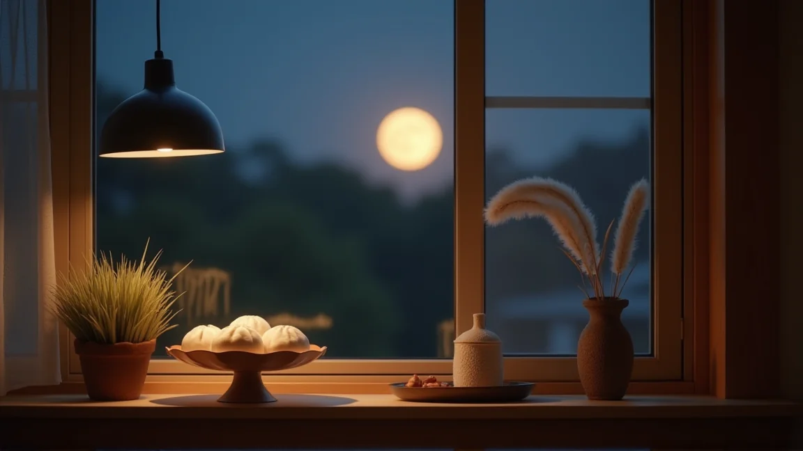 夜の窓辺で月を見上げるお月見飾りの全景