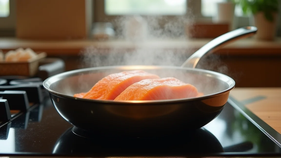 フライパンで蓋をして蒸し焼きにしている鮭の切り身