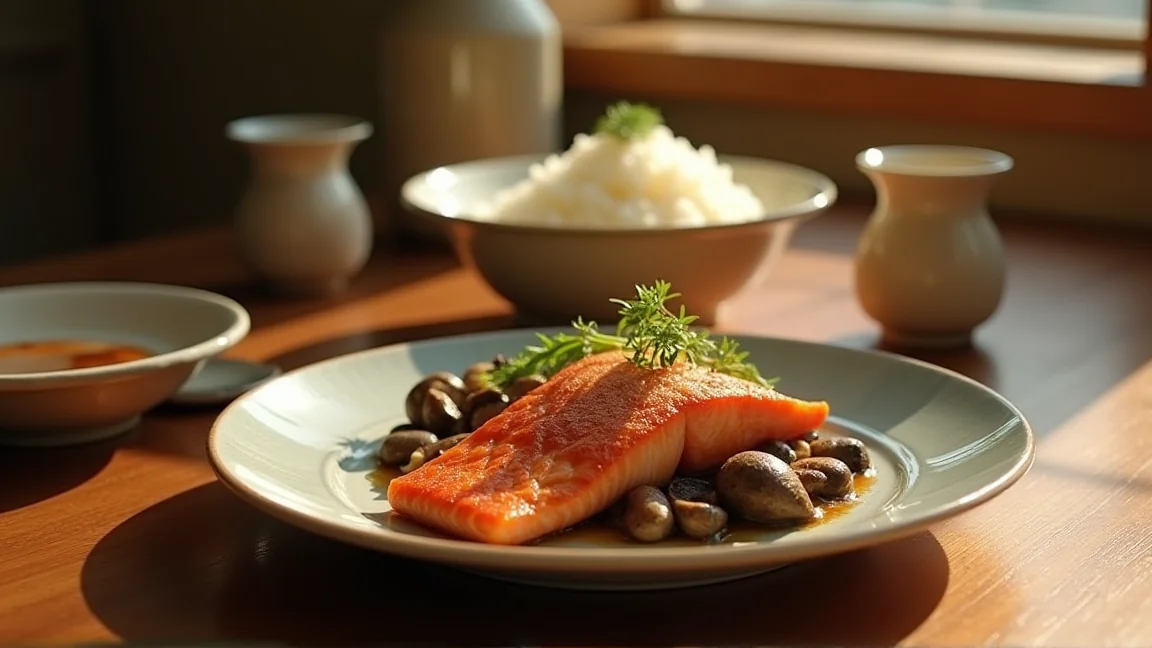 秋の食卓に並んだ鮭ときのこの料理