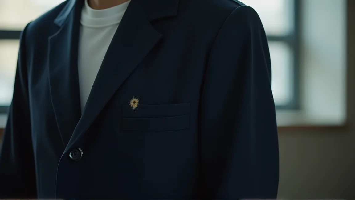 制服の胸元に名札あとの小さな穴が残っている様子
