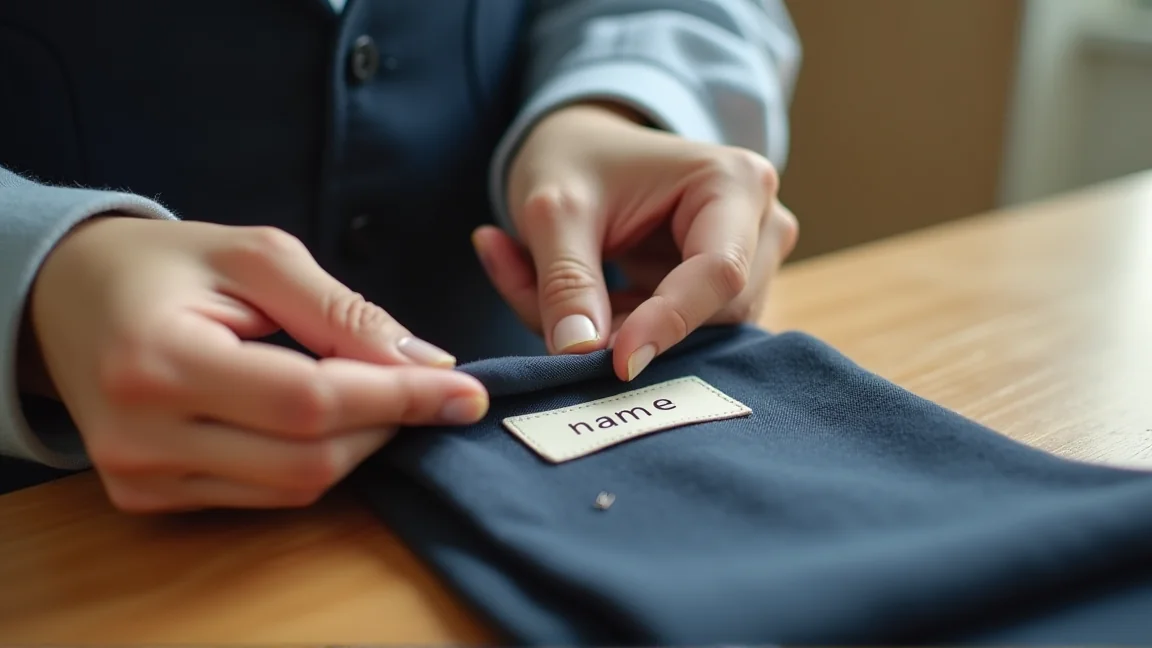 制服の裏側に当て布を添えて名札をピンで留める手元