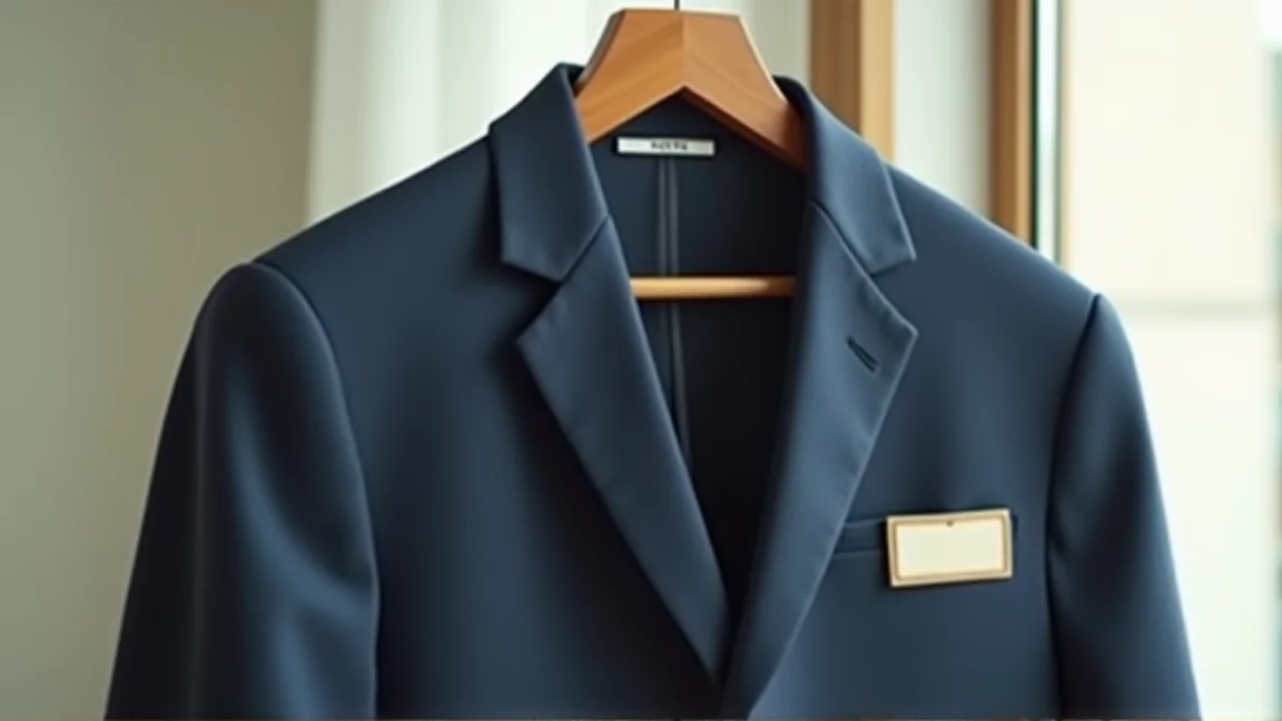 きれいに名札を付けた制服をハンガーに掛けた様子