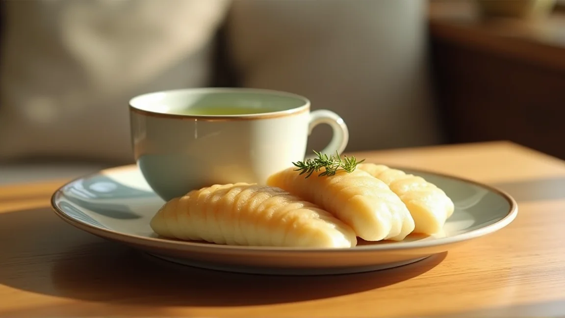 木のテーブルに置かれたおはぎと緑茶