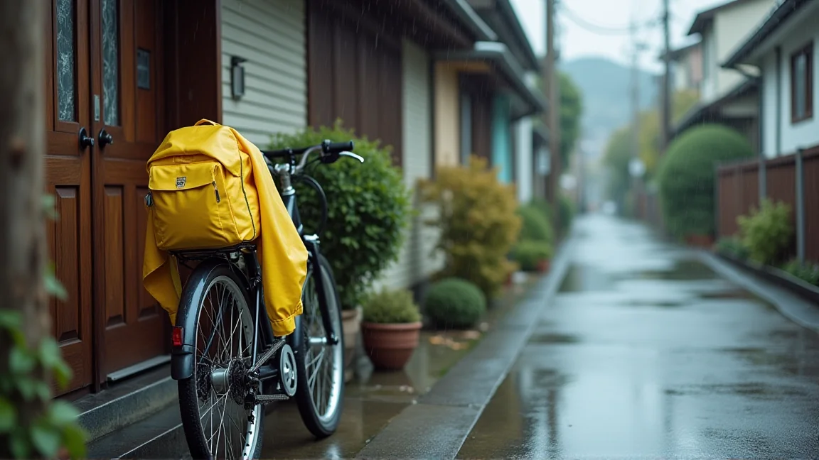 玄関に置かれた通学用の自転車とレインコートと通学リュック
