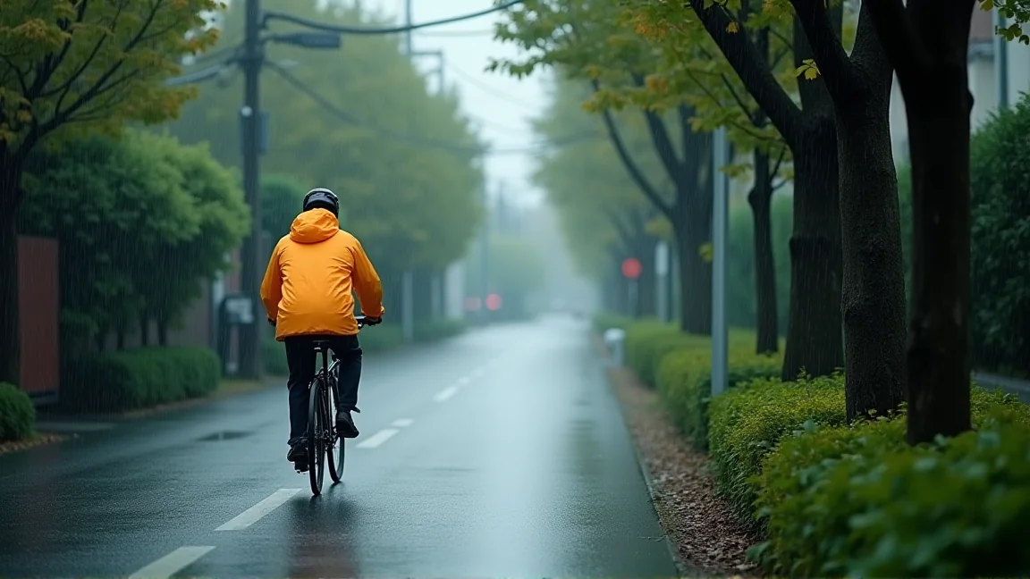 雨の通学路を走る自転車の遠景（後ろ姿）