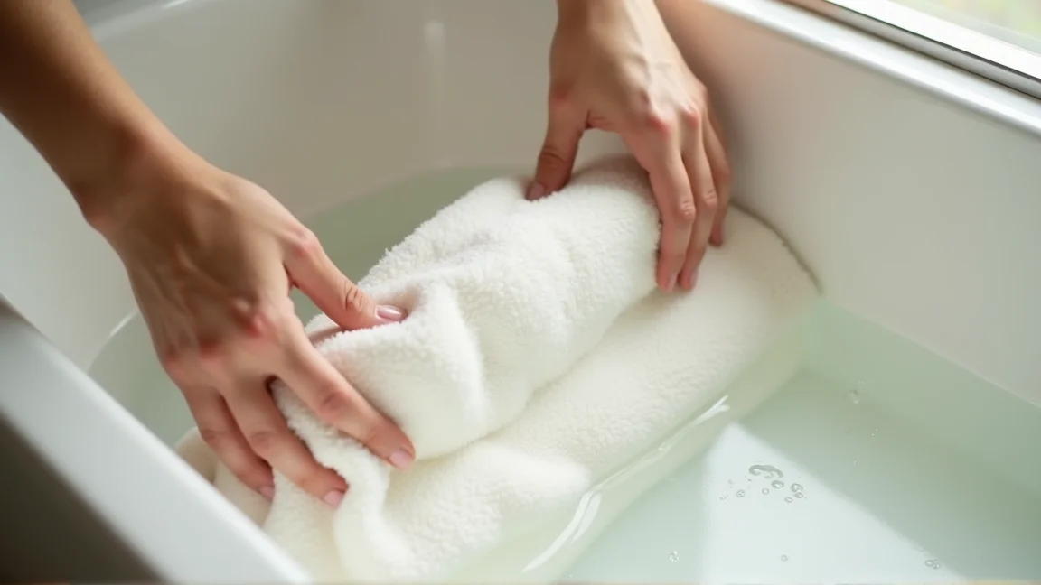 浴槽で電気毛布を押し洗いする手元