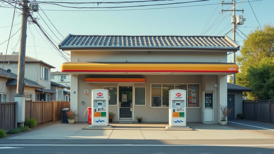郊外のガソリンスタンドの給油エリアと受付カウンター