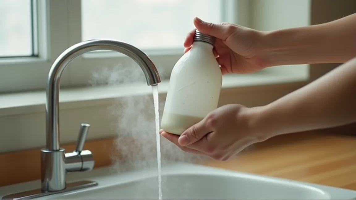 湯たんぽに規定量のお湯を注ぐ手元