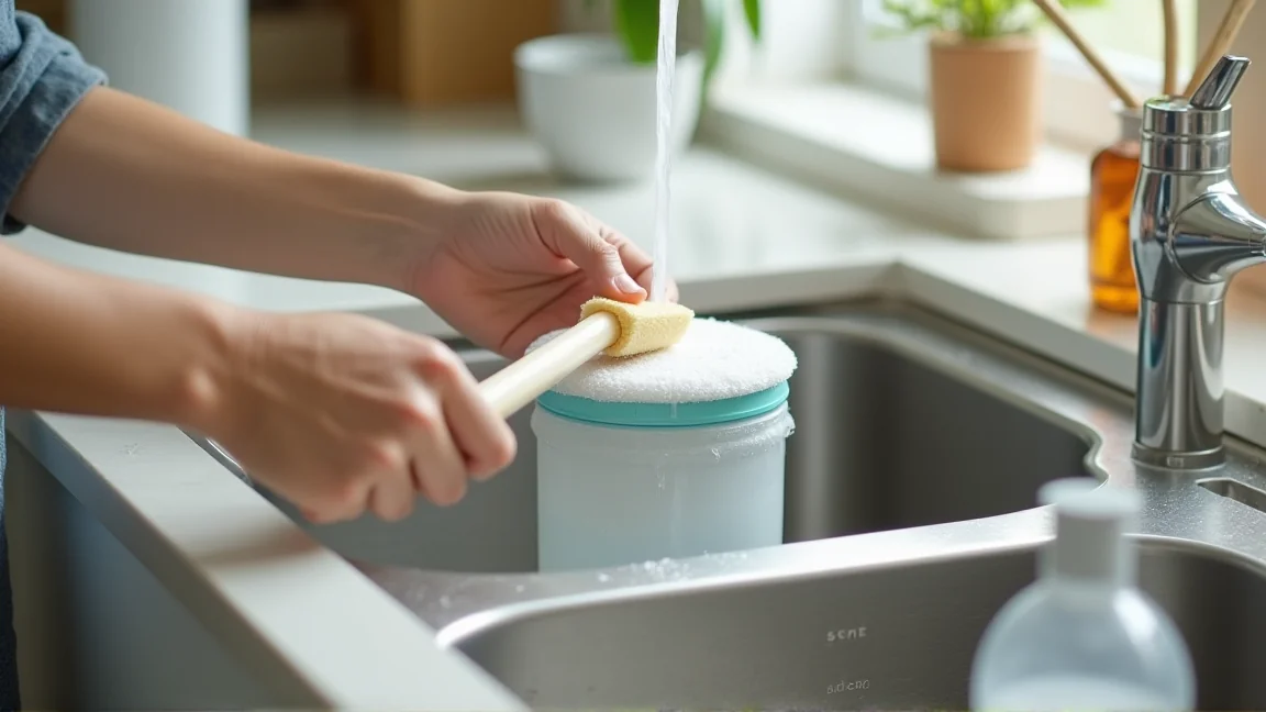 洗剤とスポンジでタンク内側をこすり洗いする手元