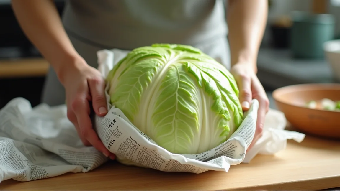 丸ごとの白菜を新聞紙で包む手元