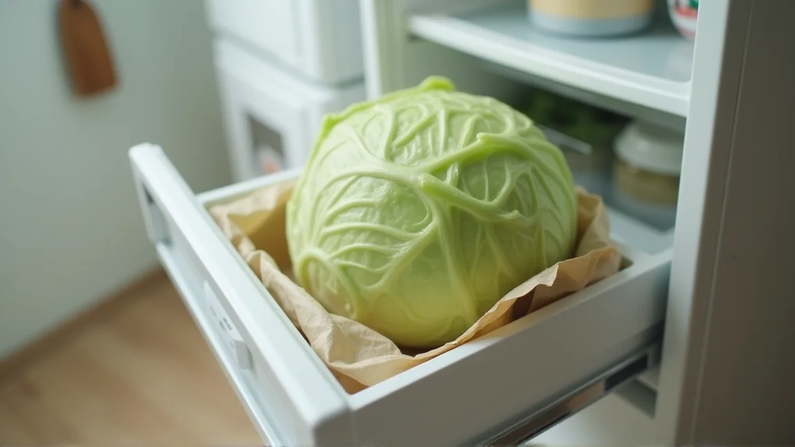 新聞紙で包んだ白菜を冷蔵庫の野菜室に立てて入れる場面