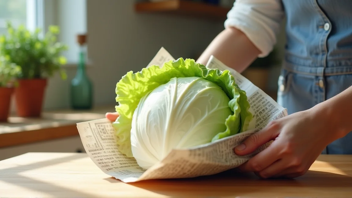 新聞紙を開いて白菜の外葉の状態を確かめる手元