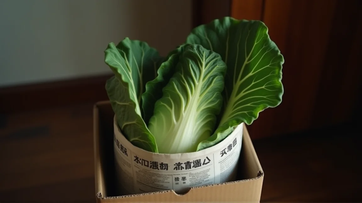涼しい玄関先の段ボール箱に立てて置かれた新聞紙包みの白菜