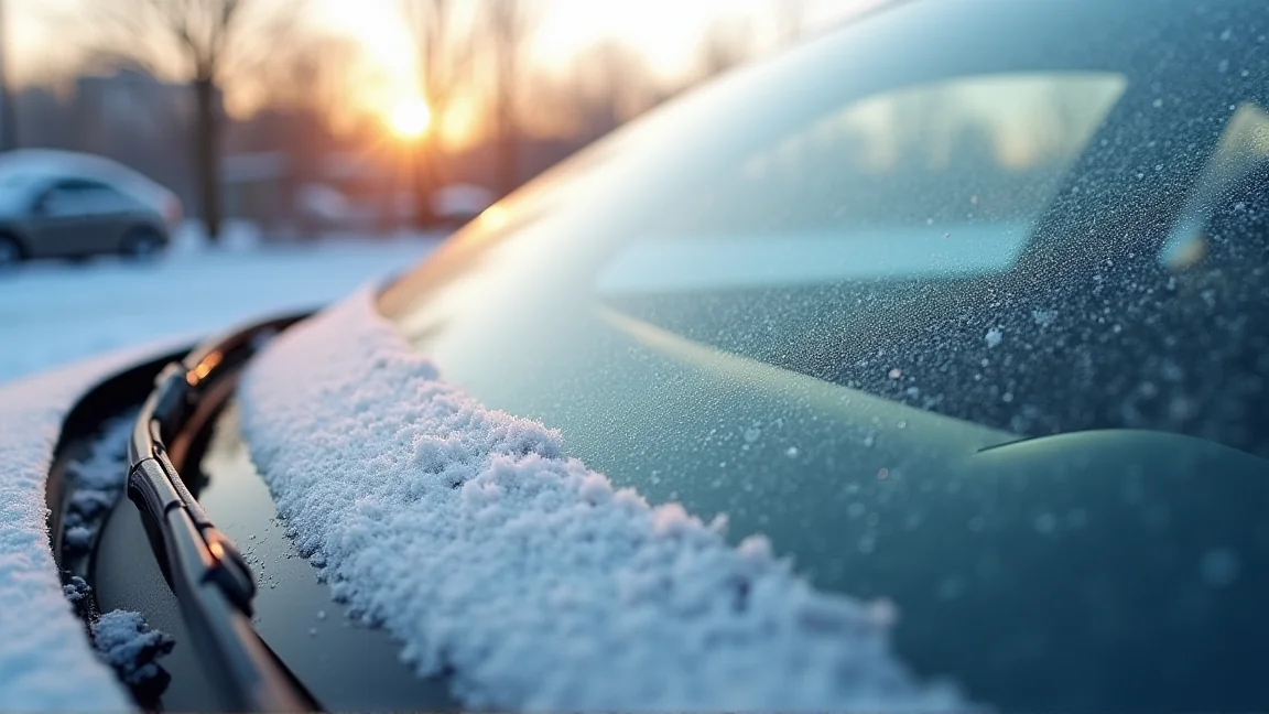 霜で真っ白になった車のフロントガラスの朝の様子