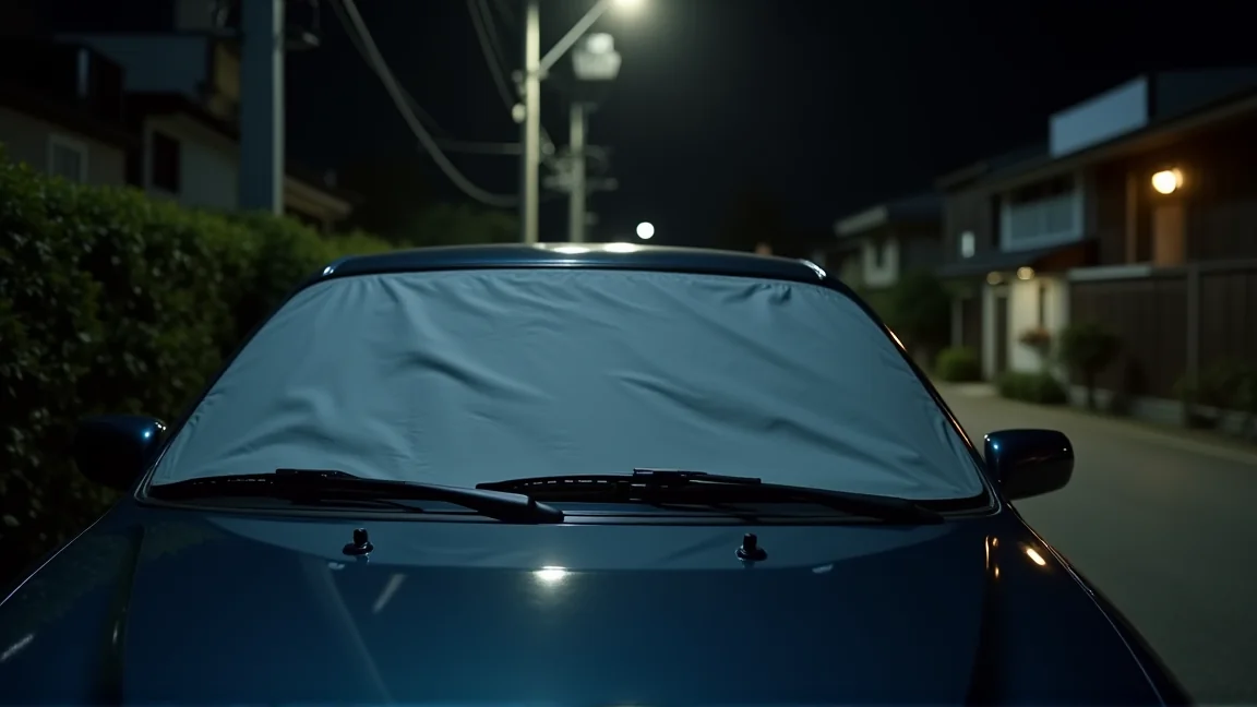 夜のうちにフロントガラスカバーを掛けてワイパーを立てた車