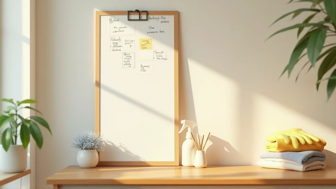 カレンダーに掃除の予定を書き込み、そばに掃除道具を並べたテーブル