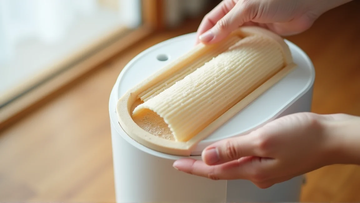 加湿器から加湿フィルターを引き出して状態を確認する手元