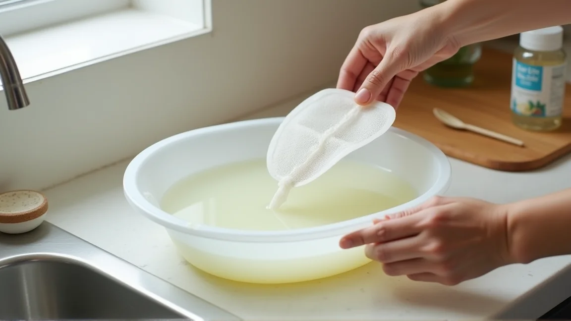 クエン酸を溶かした水に加湿フィルターをつけ置きする様子