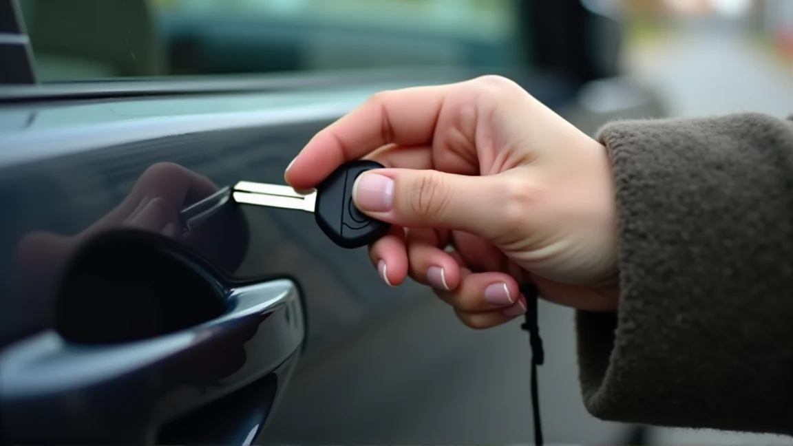 車の鍵の金属部分を握ってドアの縁に当てている手元