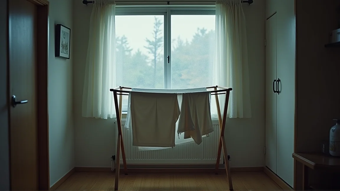 秋の雨の日に室内で部屋干しされた洗濯物
