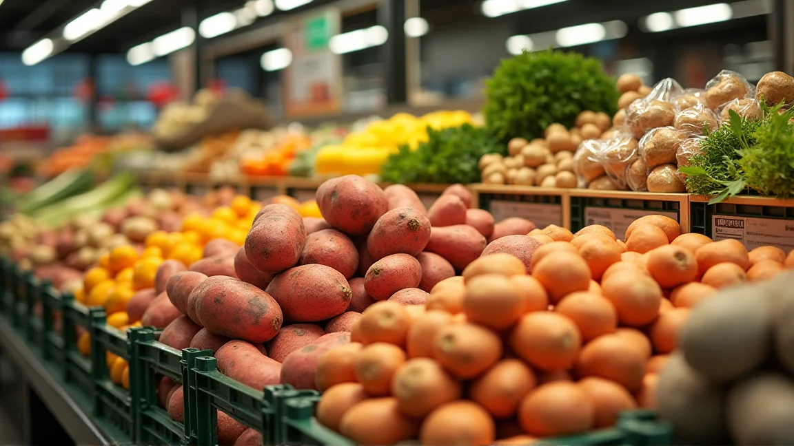 秋野菜が並ぶスーパーの青果売り場