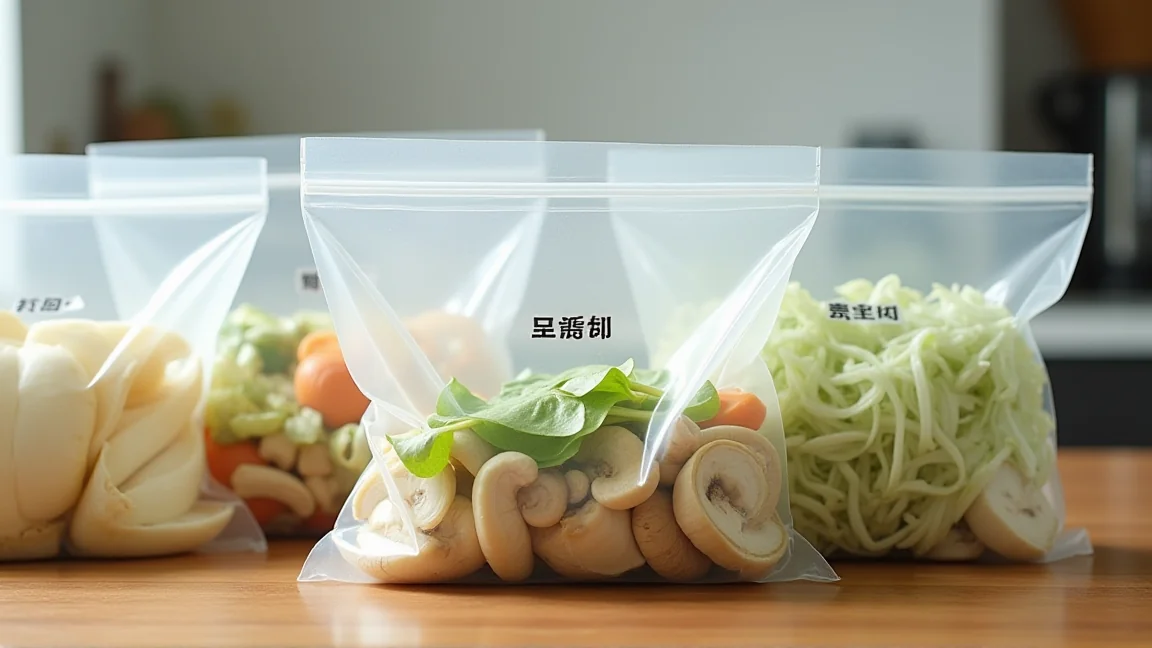 冷凍用保存袋に小分けされた下処理済みの野菜