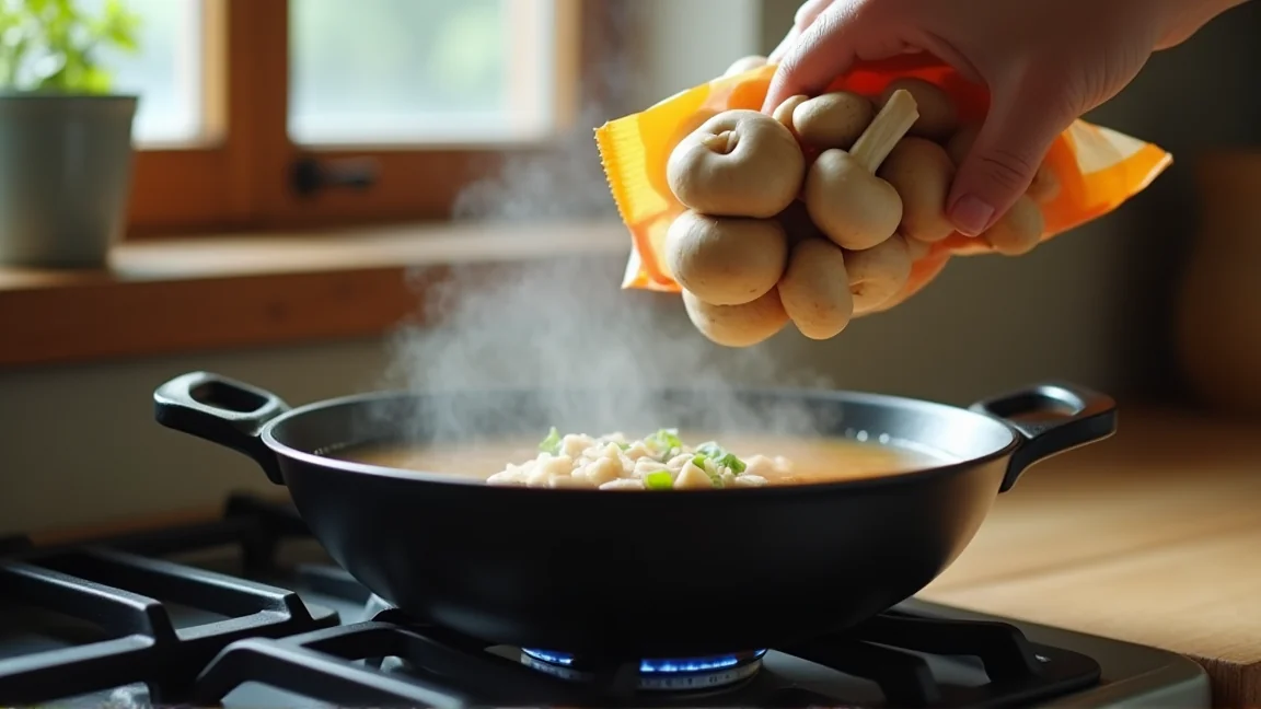 冷凍したきのこを凍ったまま味噌汁の鍋に入れる場面