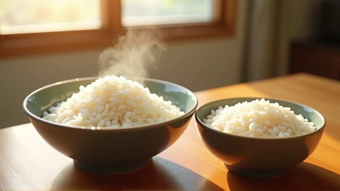 洗った米と炊きあがった新米のごはん