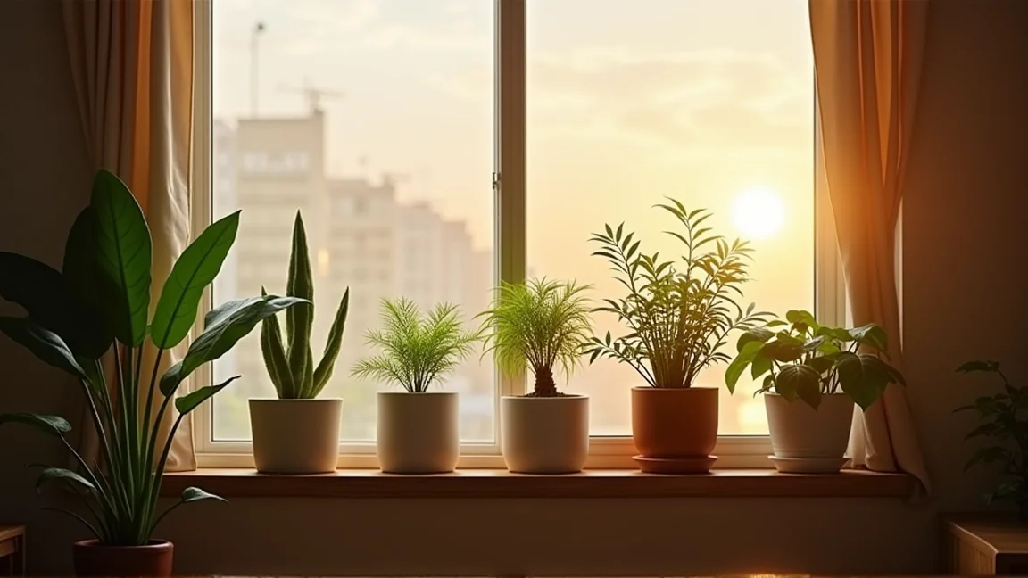 窓から少し離した棚の上にまとめて置かれた鉢植え