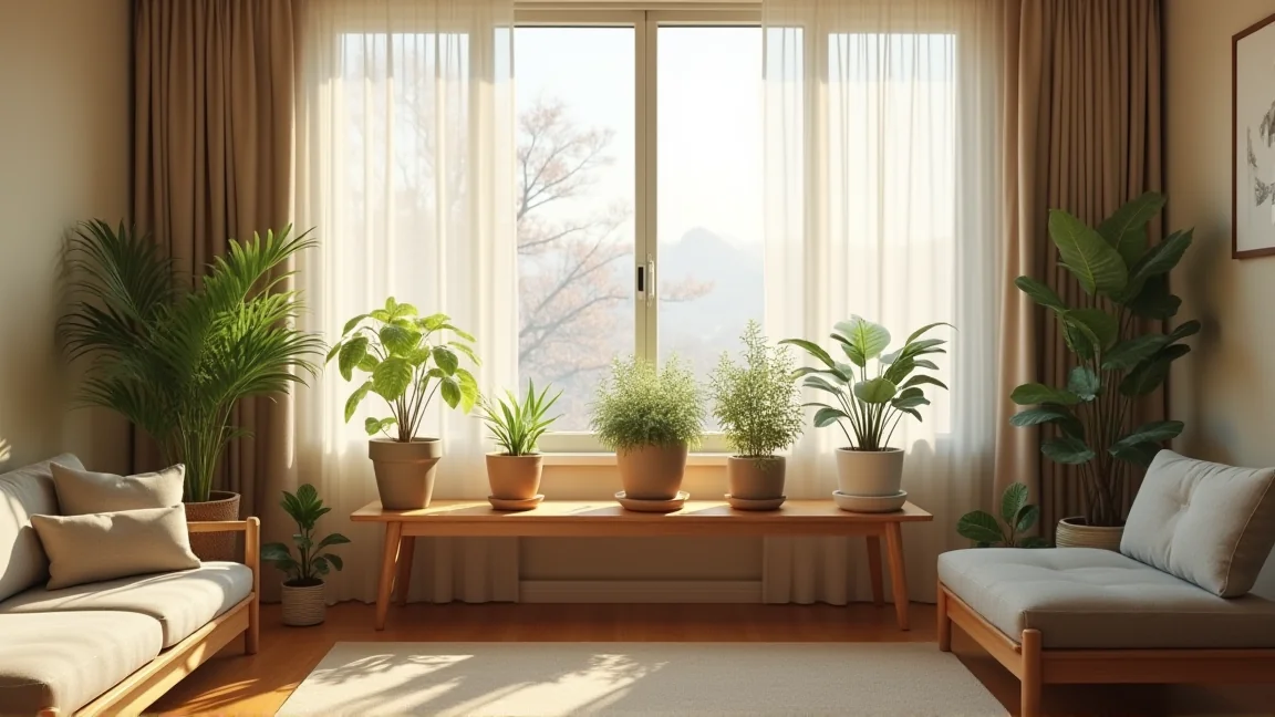 冬のリビングで窓から少し離して整えられた観葉植物のコーナー