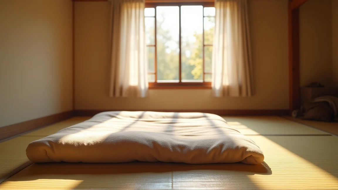 秋の朝の寝室にたたまれた布団と差し込む日差し