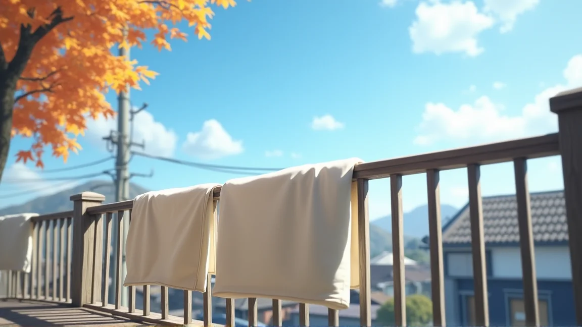 ベランダの手すりに干された布団と秋晴れの空