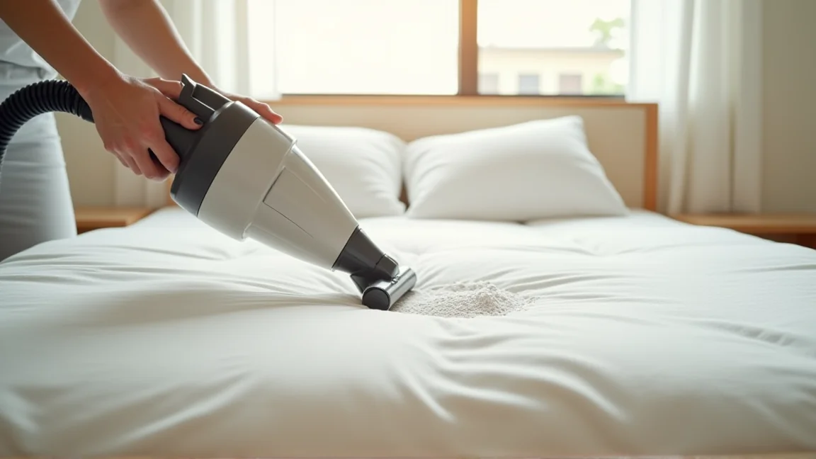布団用ノズルを付けた掃除機で布団を吸う手元