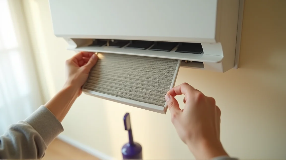 エアコンのフィルターを取り外して掃除する手元