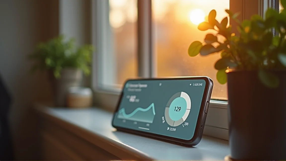 夕方の窓辺で電力会社のマイページを開いたスマートフォン