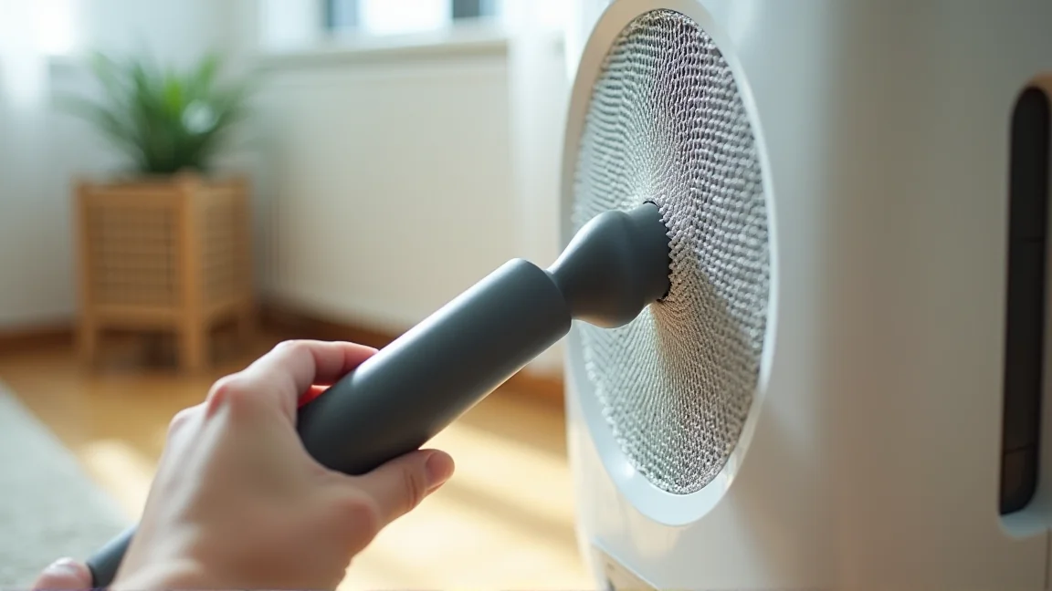 扇風機のカバー越しに掃除機のブラシノズルでホコリを吸っている様子