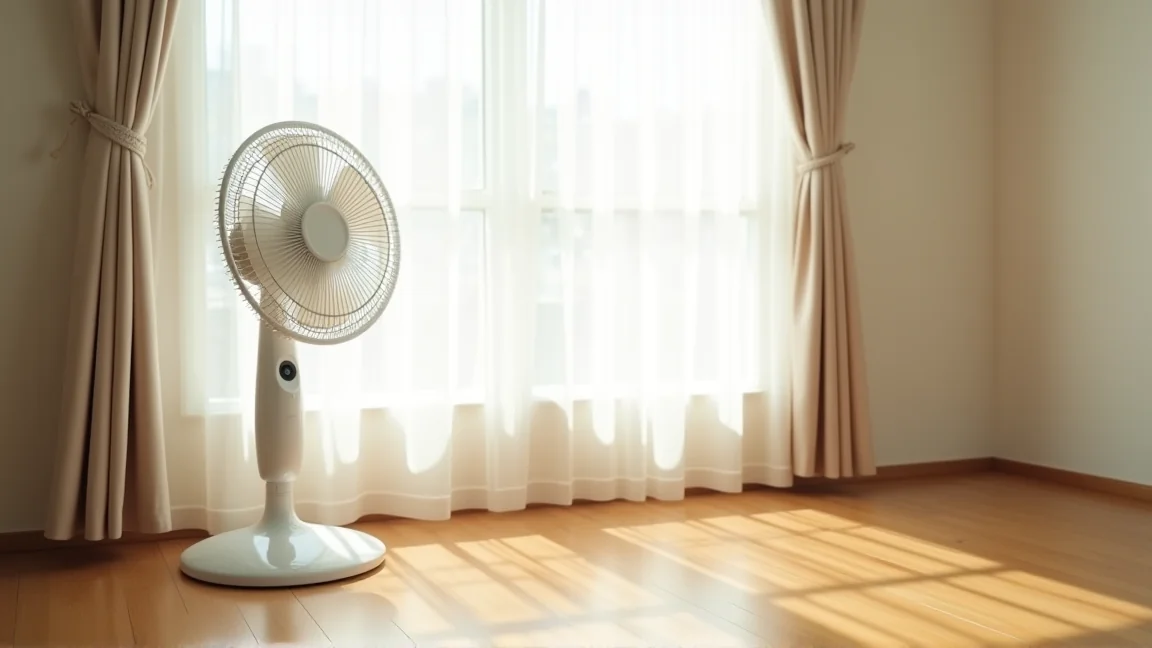 掃除を終えてきれいになった扇風機が窓辺に立っている様子