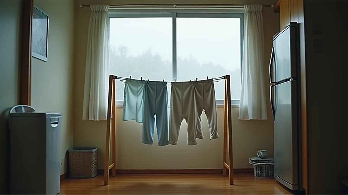 秋の曇り空の日に室内で乾ききらずに干されている洗濯物