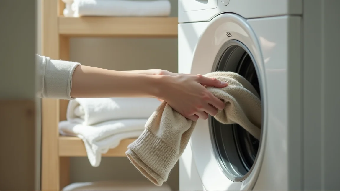 洗濯機から取り出した厚手のスウェットを再脱水にかける手元
